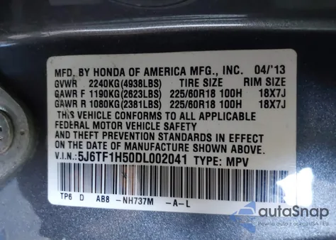 2013 Honda Crosstour Ex-L V6 из США, поврежденный, VIN 5J6TF1H50DL002041